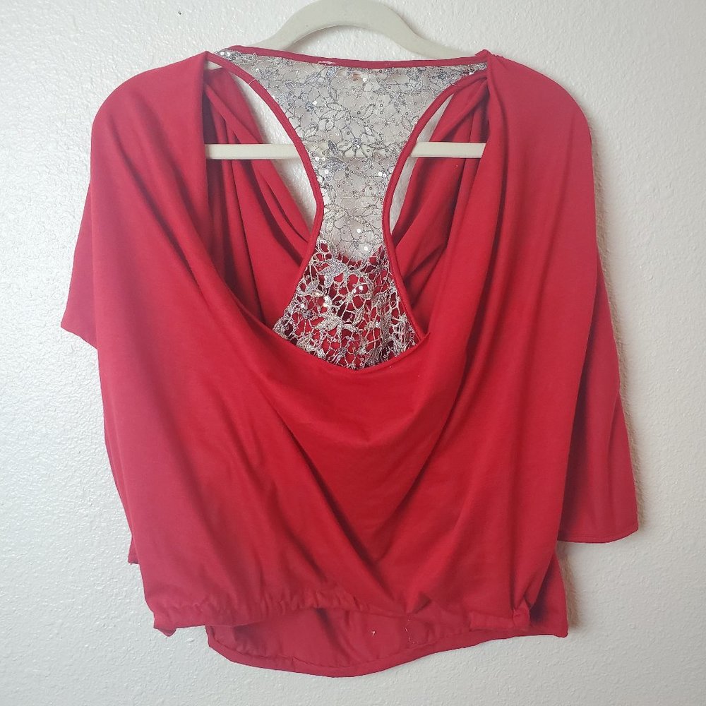 SUGARLIPS Draped Top Women’s size XS Red & Silver Exposed Lace Racerback